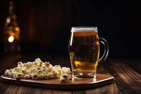 Beer and popcorn on a wooden background. Beer in a glass.の素材