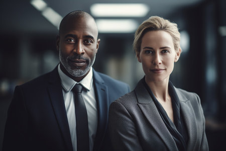 Portrait of confident businessman and businesswoman looking at camera in officeの素材