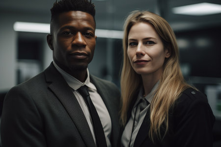 african american businessman and caucasian businesswoman looking at camera in officeの素材