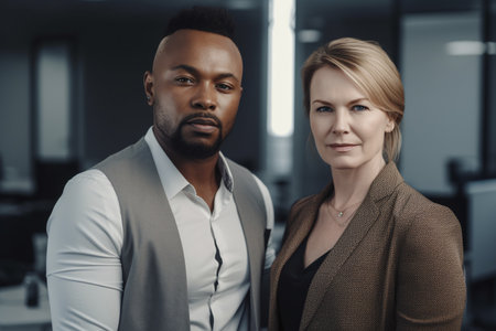Portrait of confident businessman and businesswoman looking at camera in officeの素材