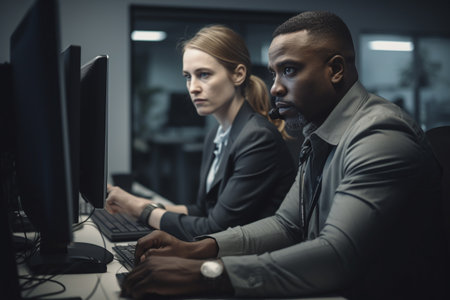 Portrait of serious african american businessman and caucasian businesswoman working on computer in officeの素材