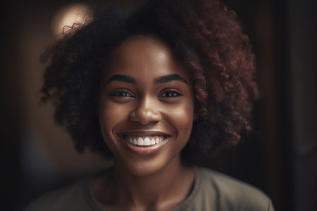 Close up portrait of beautiful african american woman with afro hairstyle smiling and looking at camera.の素材