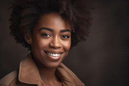 Beautiful african american woman with afro hairstyle on dark backgroundの素材