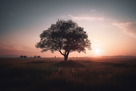 Lonely tree at sunset with beautiful clouds in the sky. Negative Spaceの素材