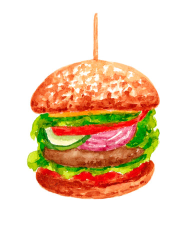 Burger isolated on a white background. Eat What You Want Day. The illustration is hand-drawn in watercolour. For stickers, posters, and your other designs.の写真素材