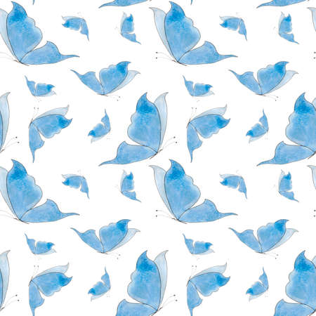 Butterflies are delicate blue. Seamless pattern with butterflies on a white background. It can be used on fabric, postcards, for scrapbooking, covers, wallpaper.の写真素材