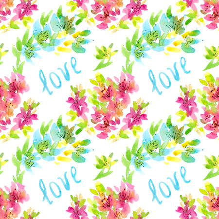 Mothers Day. Seamless pattern with flowers and text. Blue and yellow flowers with green leaves. Bright pattern on a white background. The illustration is drawn with watercolor in a free style.の写真素材