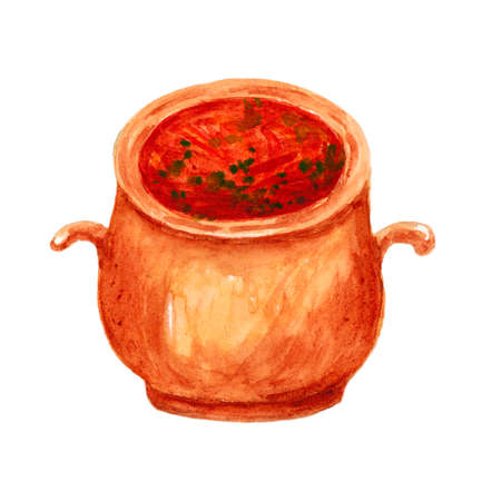 Soup in a pot isolated on a white background. Eat What You Want Day. The illustration is hand-drawn in watercolour. For stickers, posters, and your other designs.の写真素材