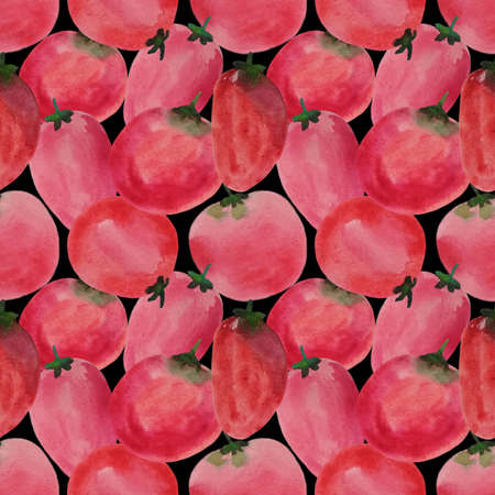 Seamless pattern, red tomatoes on a black background. Hand-drawn in watercolour. Can be applied to fabric, wallpaper, postcards, packaging.の写真素材