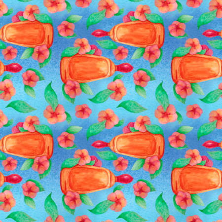 Bottle of perfume, scent fragrance. Seamless pattern. with perfume and flowers on a blue background. Cosmetic beauty product. Hand drawn in watercolor.の写真素材
