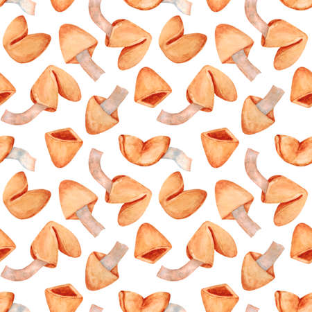 Fortune cookies. Cookie with predictions. Chinese Christmas cookies. Seamless pattern on a white background. Set objects isolated on a white background. The illustration is hand-drawn with watercolor.の写真素材