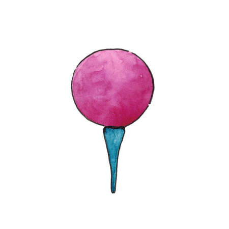 A golf ball and tee, isolated on a white background. Pink and blue color. The illustration is hand-drawn with watercolor.の写真素材