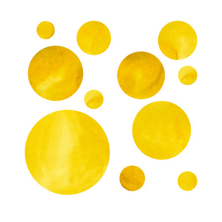 Yellow circles, brush strokes. Watercolor stains. Background image. The design elements are made by hand with brush and watercolor paints on paper.の写真素材