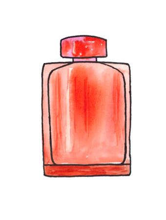 Bottle of perfume, scent fragrance. Cosmetic beauty product. Perfume. Pink tones. The item is isolated against a white background. The illustration is hand-drawn with watercolor.の写真素材