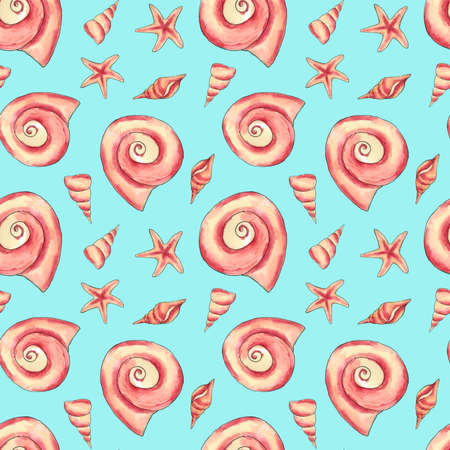 Exotic seashells. Seamless pattern. Blue background with shells. The illustration is drawn in...