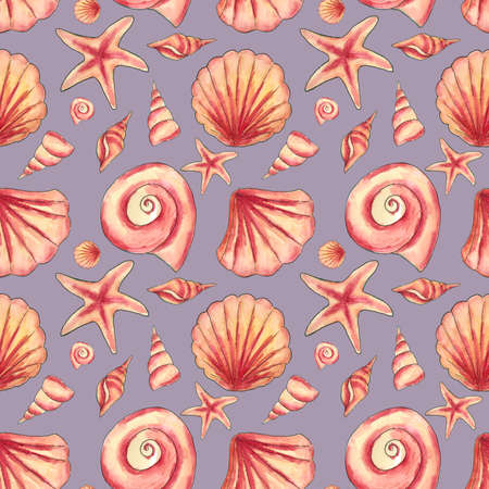 Exotic seashells. Seamless pattern. Gray lilac background with shells. The illustration is drawn in watercolor. Can be used for scrapbooking, fabrics, textiles, wrapping paper, printed products.の写真素材
