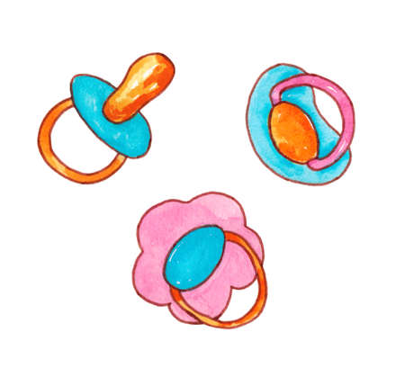 Baby nipples, isolated on a white background. A set of items for newborns. The illustration is...