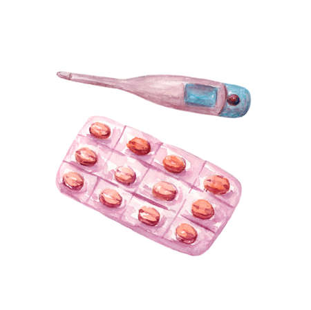 Medical tablets and a thermometer, isolated on a white background. A blister with tablets. Pink...