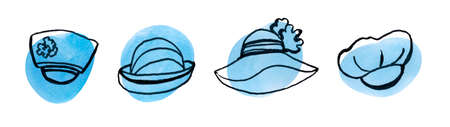 A set of hats. Headgears. The illustration is drawn with a contour line on a watercolor spot.の写真素材