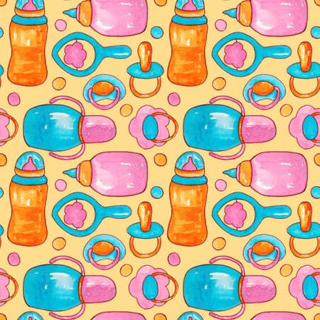 Seamless pattern of items for newborns. Baby bottles, pacifiers, rattles and a bib on a yellow...