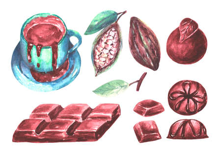 Watercolor collection of chocolate, sweets, pralines, cocoa beans. Chocolate set. Objects are isolated on a white background.の写真素材