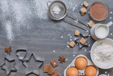 ingredients for cooking (cacao, pain, eggs, cooking cutter and milk). Top viewの写真素材
