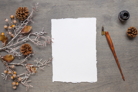 Chistmas background with handmade paper, cone, ink and pen oblique holder. Top viewの写真素材