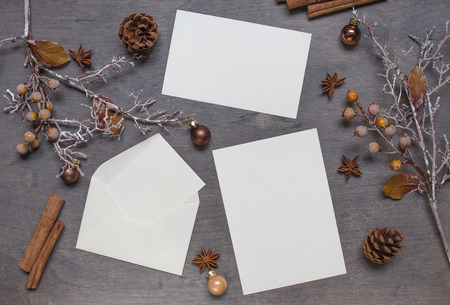 Christmas background with card and envelope. Top viewの写真素材