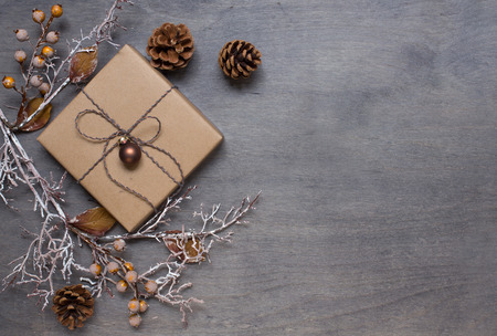 Christmas background with a gift. Top viewの写真素材