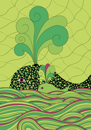 Cute unusual cartoon decorative whale and calf in the sea or ocean. Fountain of water.のイラスト素材