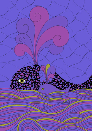 Cute unusual cartoon decorative whale and calf in the sea or ocean. Fountain of water.のイラスト素材