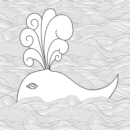Cute unusual cartoon decorative whale in the sea or ocean. Fountain of water.のイラスト素材