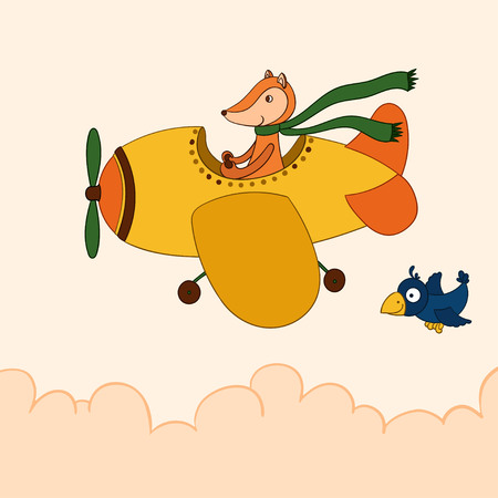 Awesome cute cartoon fox pilot flying on the airplane. Cloudy weather. Little cartoon crow.のイラスト素材