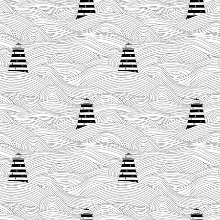 Seamless unusual pattern with waves and lighthouses. Can be used for wallpaper, pattern fills, greeting cards, webpage backgrounds, wrapping paper or fabric.のイラスト素材