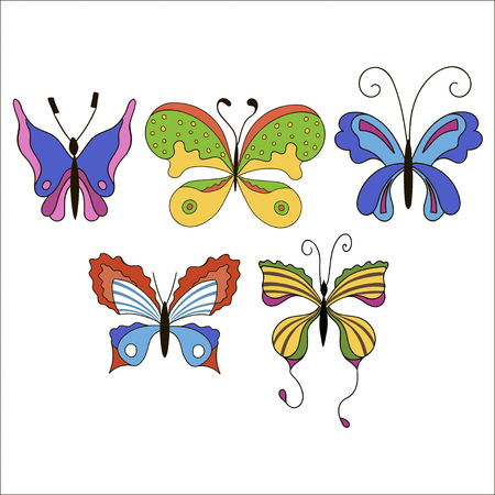 Set of cute cartoon colored butterflies isolated on white background.のイラスト素材