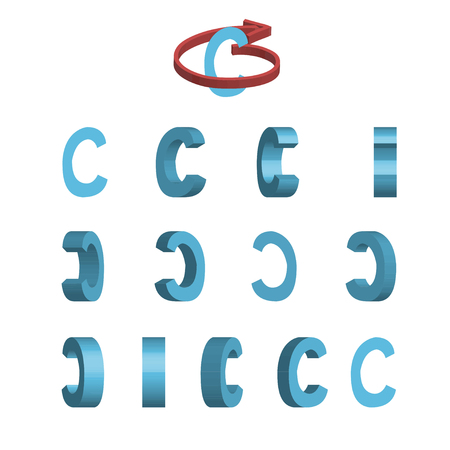 Sheet of sprites. Rotation of cartoon 3d letter C. Isolated on white background. illustration.のイラスト素材