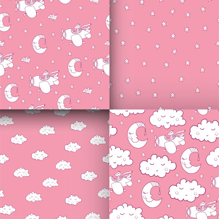Set of awesome seamless patterm with cartoon crescent, stars, clouds and cute fox pilot on the aircraft. For textile, fabric, bedroom interiors: wallpaper, pillow, blanket, pajamas. Good for restful sleep.のイラスト素材