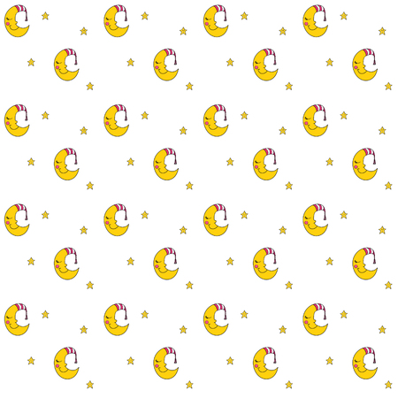 Seamless pattern with cartoon sleeping moon in striped cap and little stars. Good night! Can be used for wallpaper, pattern fills, greeting cards, webpage backgrounds, wrapping paper, scrap booking and textile or fabric.のイラスト素材