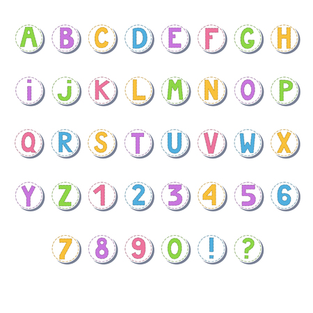 Cartoon colored alphabet. Letters and numbers in circles isolated on white background. illustration.のイラスト素材