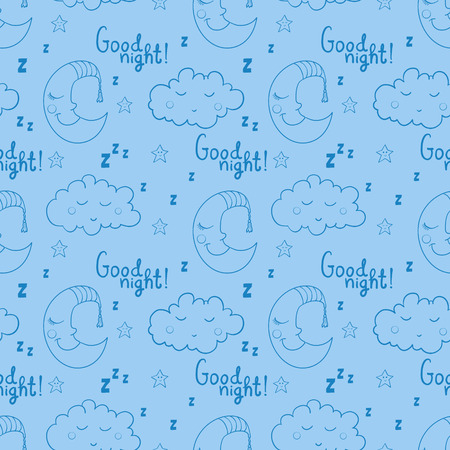 Seamless pattern with cartoon sleeping moon, cloud and star. Good night! Can be used for wallpaper, pattern fills, greeting cards, webpage backgrounds, wrapping paper, scrap booking and textile or fabric.のイラスト素材