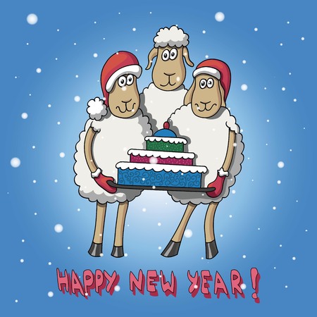 Card Happy New Year with cartoon sheepのイラスト素材