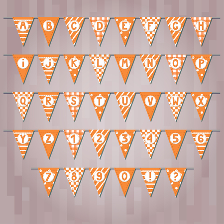Set of cartoon flag garlands with alphabet: letters and numbers.  Good for events, celebrations, festivals, fairs, markets, party and carnival.のイラスト素材
