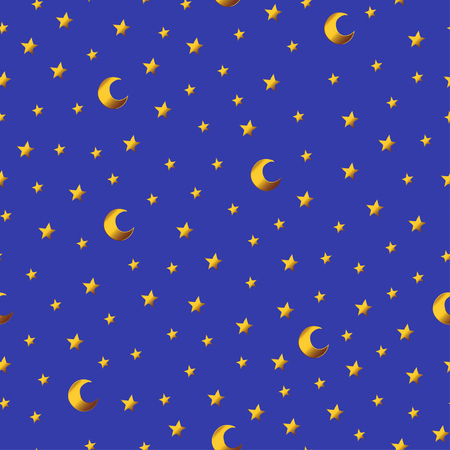 Seamless pattern with gold cartoon stars and moons. Good for surface design, textile, fabric, wallpaper, wrapping paper, decoupage, scrapbookin, handmade.のイラスト素材