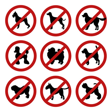 Set of dog prohibition signs. Different breeds. Black silhouettes. Isolated on white. Vector illustration.のイラスト素材