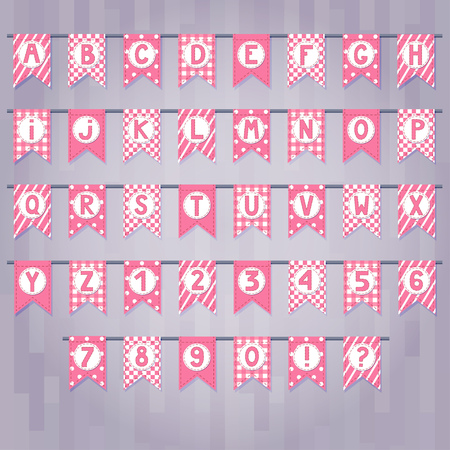 Set of cartoon flag garlands with alphabet: letters and numbers.  Good for events, celebrations, festivals, fairs, markets, party and carnival.のイラスト素材