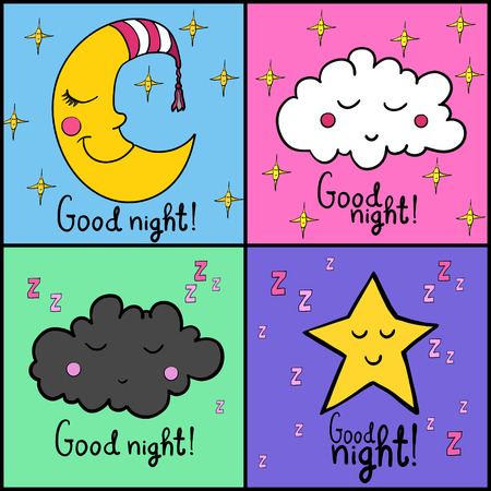 Set of images about sleeping. Good night! Sleeping smiling moon in striped cap, sleeping cloud with zzz. Sleeping smiling star with zzz.のイラスト素材