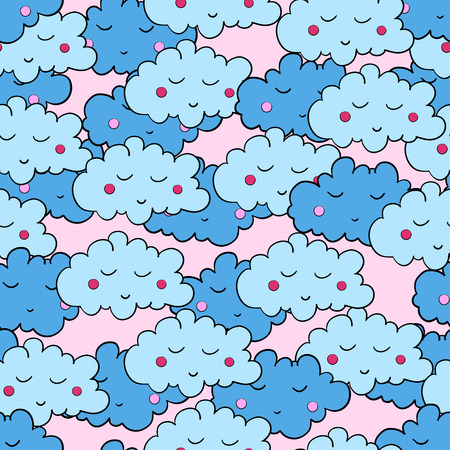 Seamless pattern with cartoon sleeping clouds on pink background. Can be used for wallpaper, pattern fills, greeting cards, webpage backgrounds, wrapping paper, scrap booking and textile or fabric.のイラスト素材
