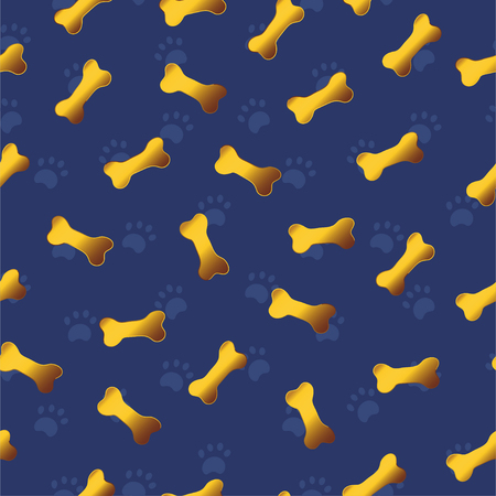 Seamless pattern with blue paws on dark blue background with gold cartoon bones. Good for surface design, wrapping paper, textile, fabric, covers.  illustration.のイラスト素材