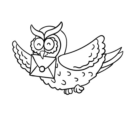 Cute cartoon wise flying post owl with mail isolated on white background. Good for coloring. Hoo-hoo!のイラスト素材