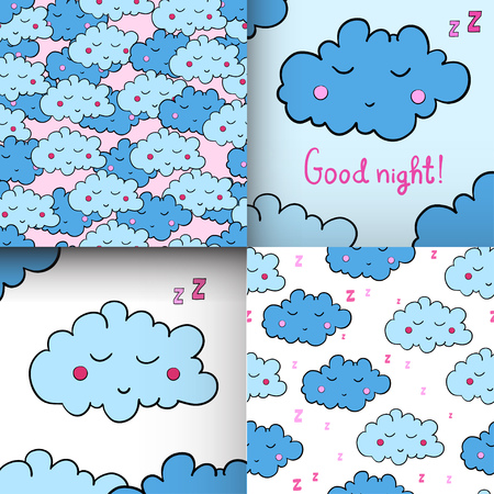 Set of seamless pattern with cartoon sleeping clouds. Can be used for wallpaper, pattern fills, greeting cards, webpage backgrounds, wrapping paper, scrap booking and textile or fabric.のイラスト素材